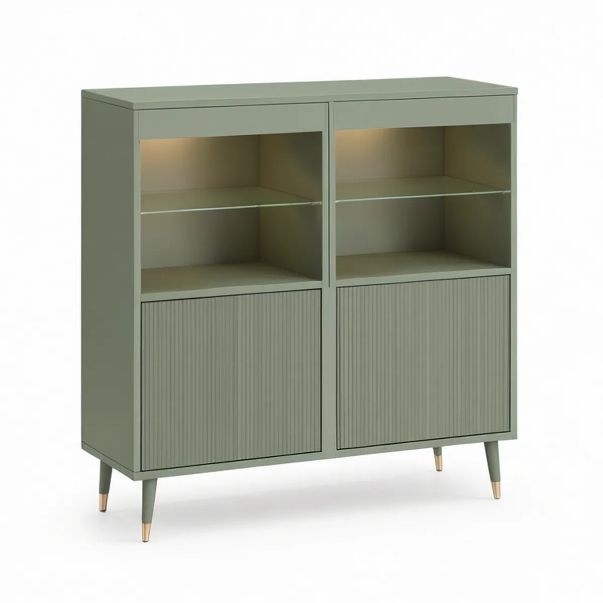 Highboard aus MDF und Glas, 100 x 40 x 120 cm, Salbeigrün/Goldfarben