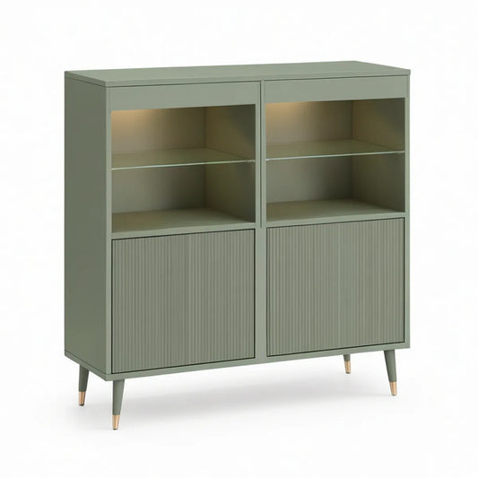 Highboard aus MDF und Glas, 100 x 40 x 120 cm, Salbeigrün/Goldfarben