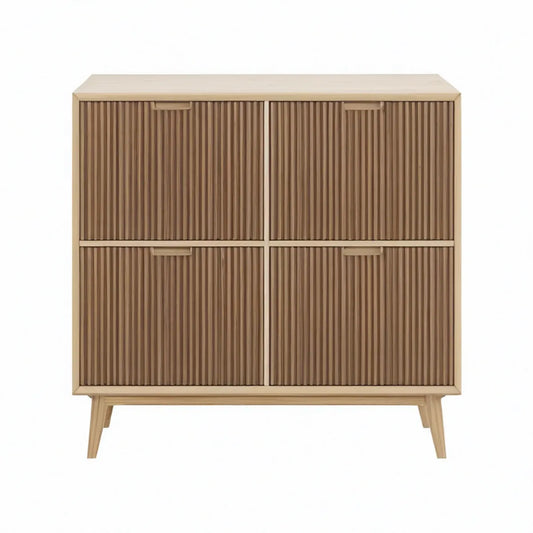 Sideboard aus massivem Kiefernholz mit 4 gerillten Türen, Naturbraun, 100 x 40 x 120 cm