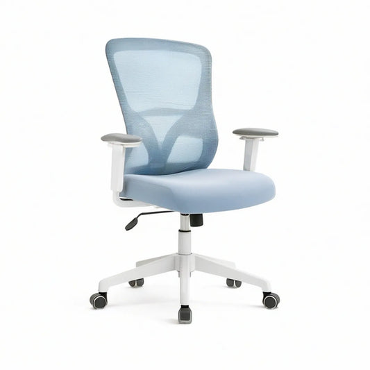 Ergonomischer Bürostuhl mit Netzrückenlehne und Armlehnen, Hellblau/Weiss/Schwarz, 64 x 64 x 112–122 cm