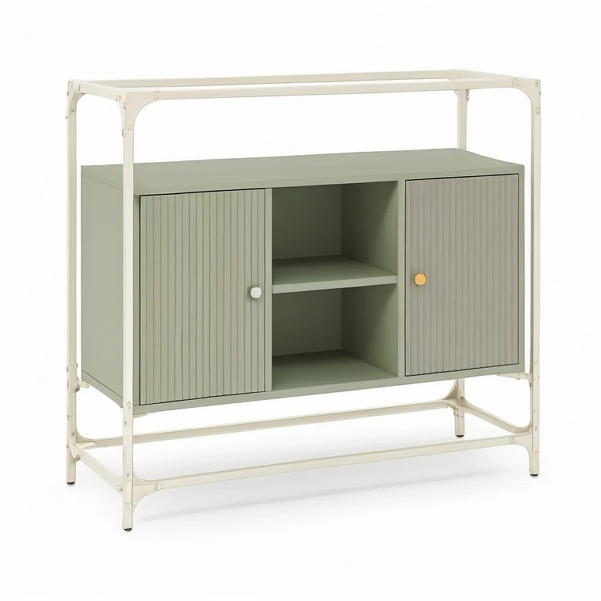 Sideboard aus pulverbeschichtetem Stahl mit 2 Schiebetüren, Regal und Rahmen, Salbeigrün/Cremeweiss/Weiss/Gelb, 100 x 40 x 140 cm