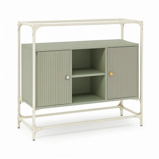 Sideboard aus pulverbeschichtetem Stahl mit 2 Schiebetüren, Regal und Rahmen, Salbeigrün/Cremeweiss/Weiss/Gelb, 100 x 40 x 140 cm