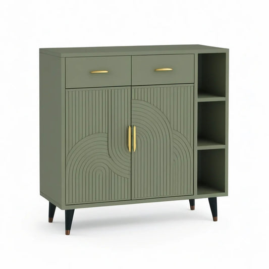 Sideboard mit 2 Türen, 2 Schubladen und 3 offenen Fächern, Salbeigrün, 120 x 100 x 40 cm
