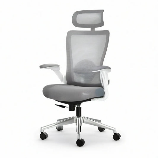 Ergonomischer Bürostuhl mit Kopfstütze, Grau/Weiss/Schwarz/Silber, 66 x 66 x 116–126 cm