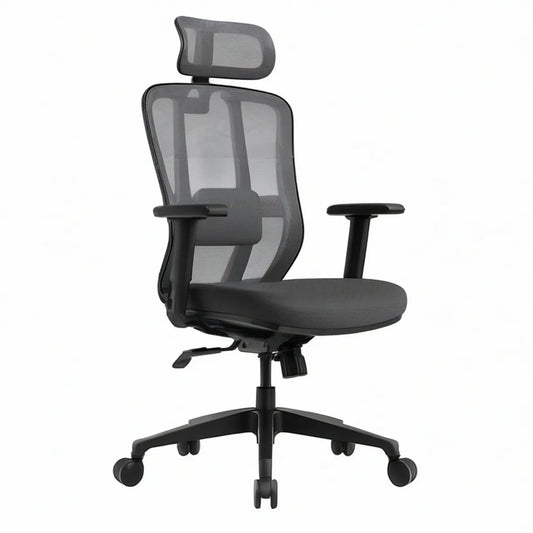 Ergonomischer Bürostuhl mit Kopfstütze, Netzrücken und Rollen, Schwarz/Grau, 64 x 64 x 118–128 cm