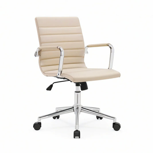 Höhenverstellbarer Drehstuhl mit Armlehnen aus PU-Kunstleder Beige/Chrom/Schwarz, 58 x 60 x 88–98 cm