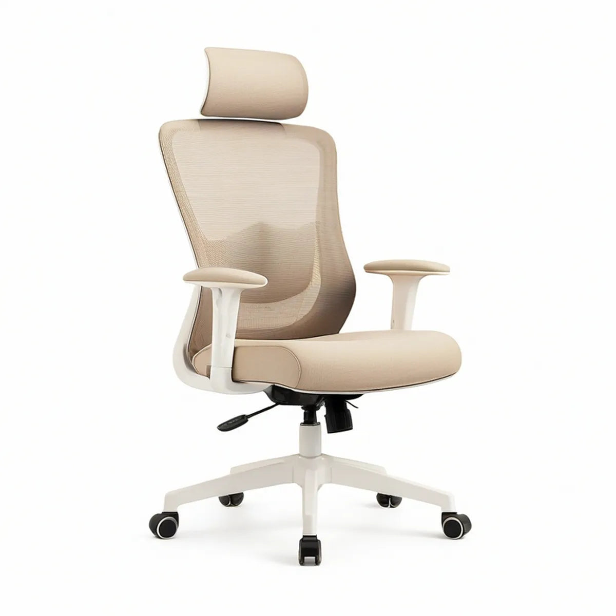Ergonomischer Bürostuhl mit Kopfstütze, Netzrücken und Armlehnen, Beige/Weiss/Schwarz, 66 x 66 x 118–128 cm