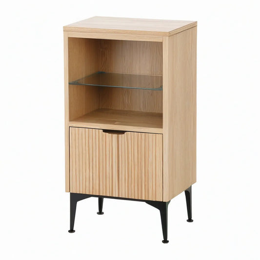 Hochschrank aus MDF mit Eichenfurnier, Glaseinlegeboden und Tür, Natur/Schwarz, 60 x 40 x 120 cm